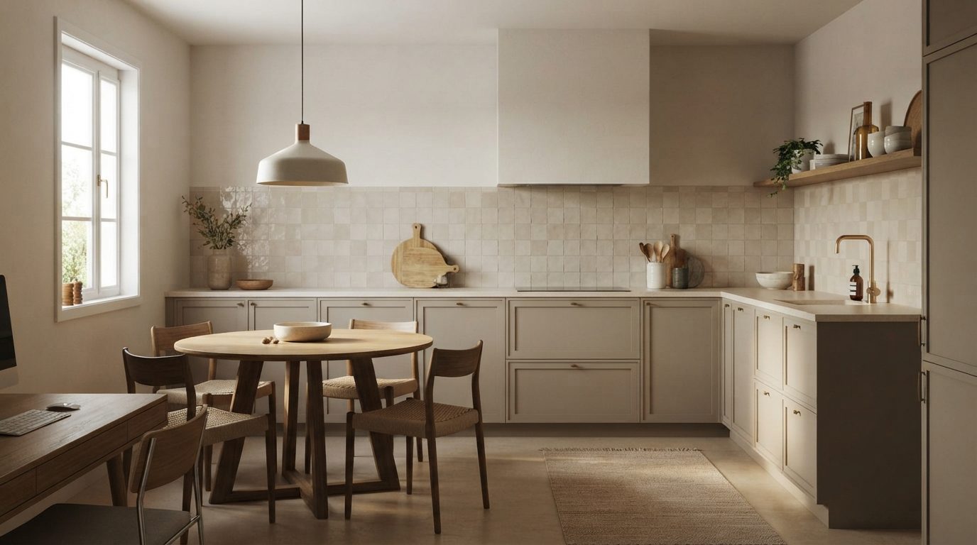 Cocina blanca con office y mesa de comedor