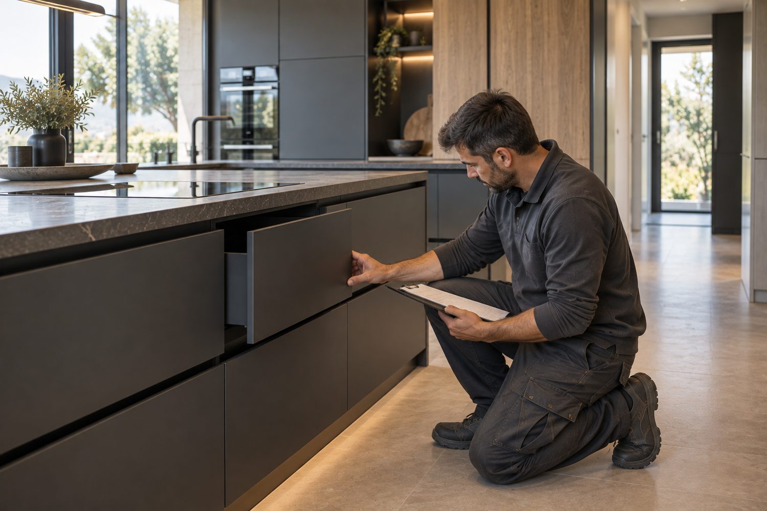 Montador revisando con checklist las holguras de los cajones